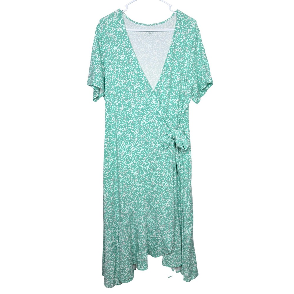 Lands' End Womens Wrap Dress 1X 16W-18W Green Floral Ruffle Hem Short Sleeve